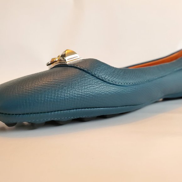 Like-New Hermes Liberty Epsom Calfskin Leather Blue Driving Flats Ballet Shoes - Picture 5 of 16